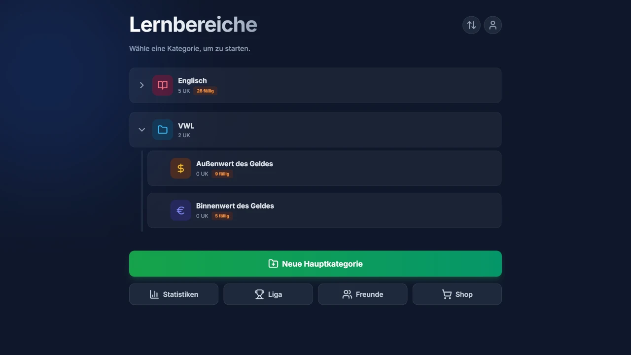 Das Dashboard der NeuronCard App mit individueller Ordnerstruktur und Fälligkeitsanzeige passend zum gewählten Algorithmus.