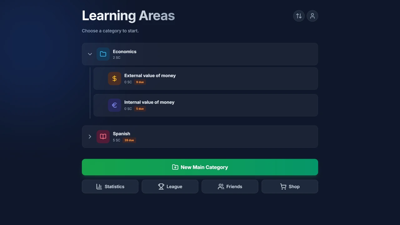 The NeuronCard App dashboard with personalized folder structure and due date display matching the selected algorithm.